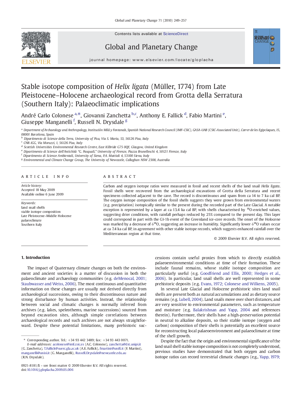 Stable isotope composition of Helix ligata (Müller, 1774) from Late Pleistocene–Holocene archaeological record from Grotta della Serratura (Southern Italy): Palaeoclimatic implications