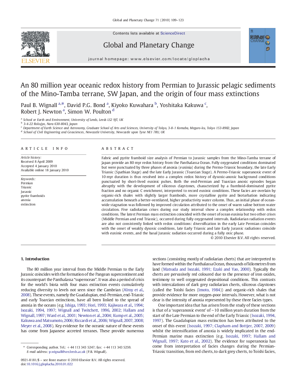 An 80 million year oceanic redox history from Permian to Jurassic pelagic sediments of the Mino-Tamba terrane, SW Japan, and the origin of four mass extinctions