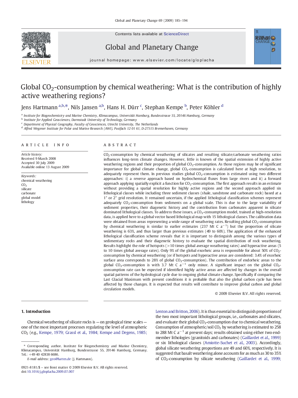 Global CO2-consumption by chemical weathering: What is the contribution of highly active weathering regions?