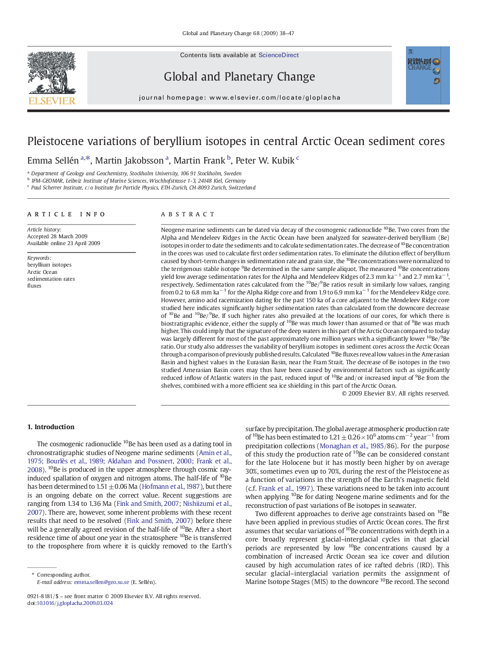 Pleistocene variations of beryllium isotopes in central Arctic Ocean sediment cores