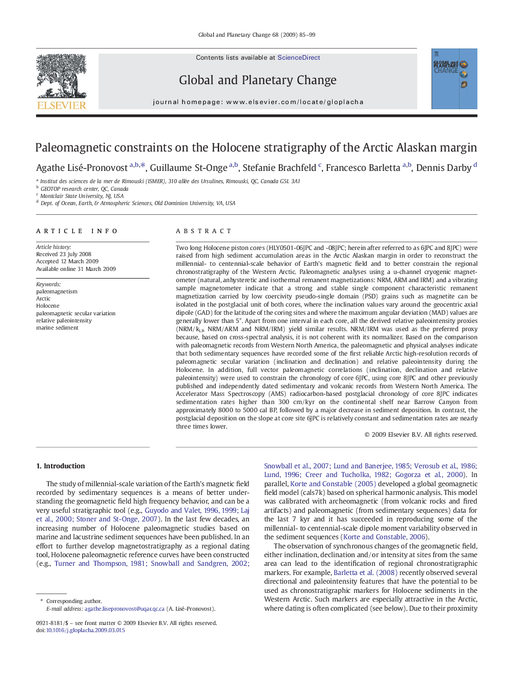 Paleomagnetic constraints on the Holocene stratigraphy of the Arctic Alaskan margin