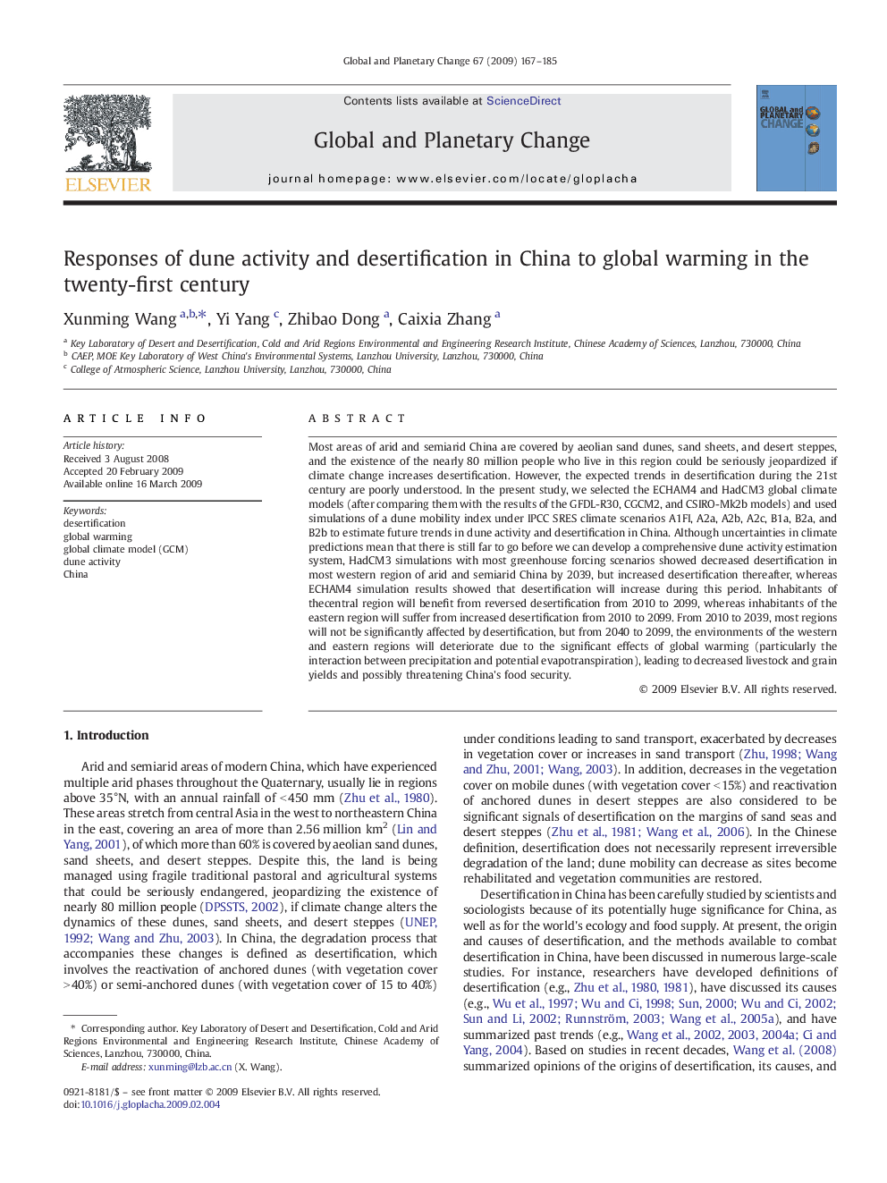 Responses of dune activity and desertification in China to global warming in the twenty-first century