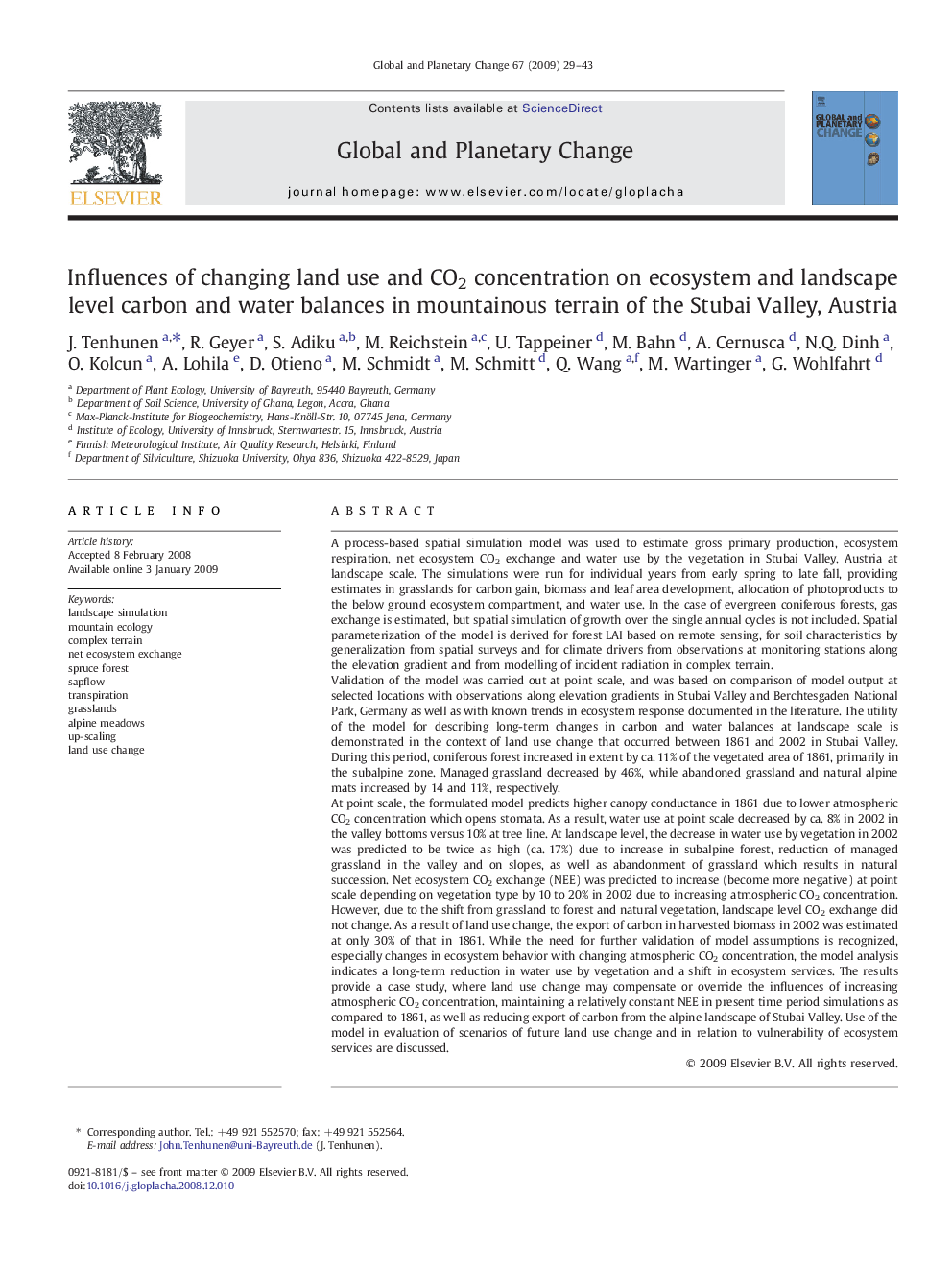 Influences of changing land use and CO2 concentration on ecosystem and landscape level carbon and water balances in mountainous terrain of the Stubai Valley, Austria