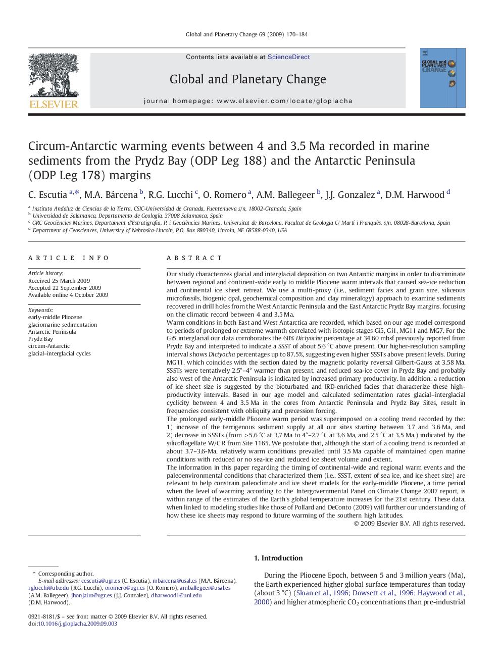 Circum-Antarctic warming events between 4 and 3.5 Ma recorded in marine sediments from the Prydz Bay (ODP Leg 188) and the Antarctic Peninsula (ODP Leg 178) margins