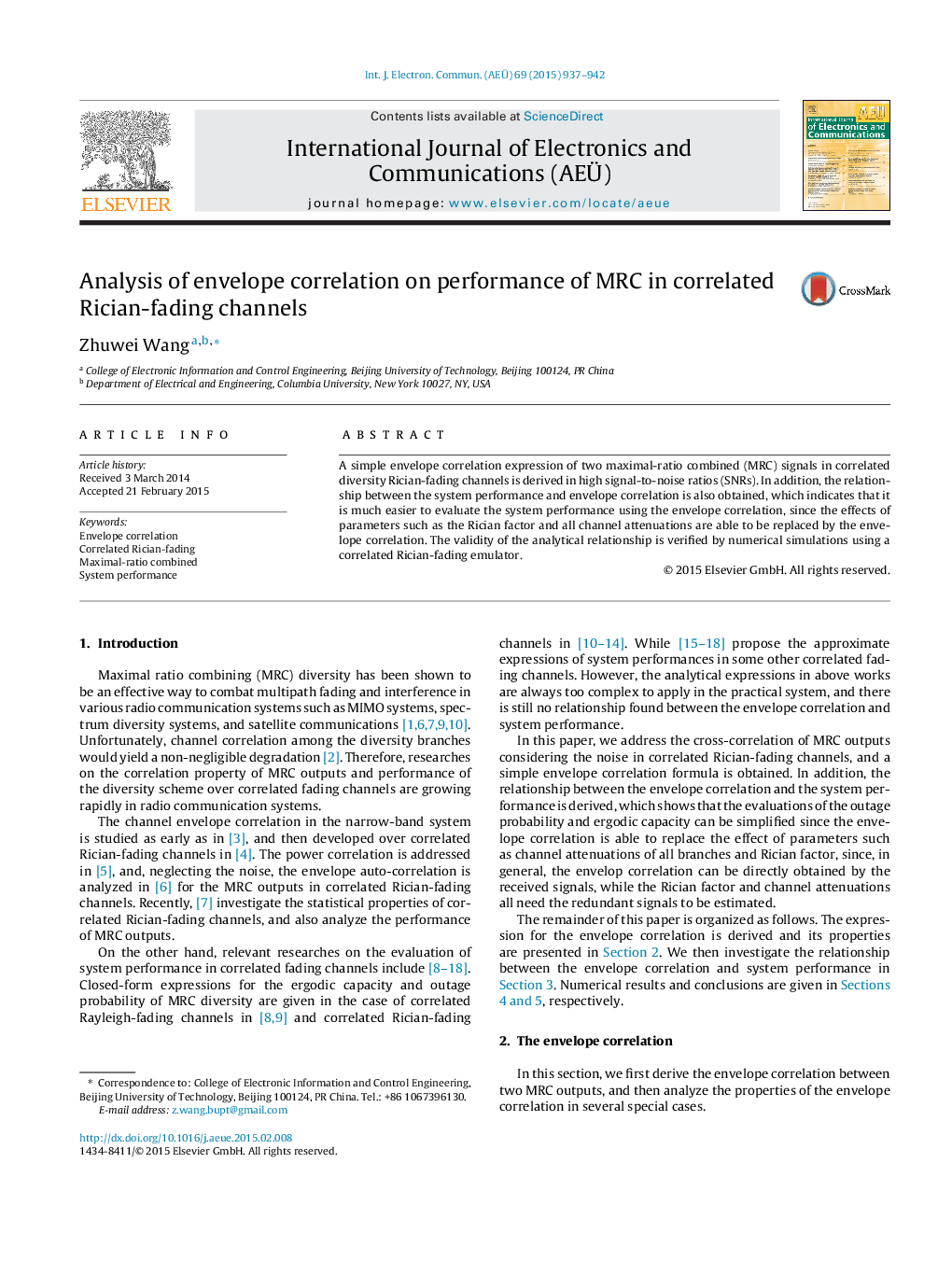 Analysis of envelope correlation on performance of MRC in correlated Rician-fading channels