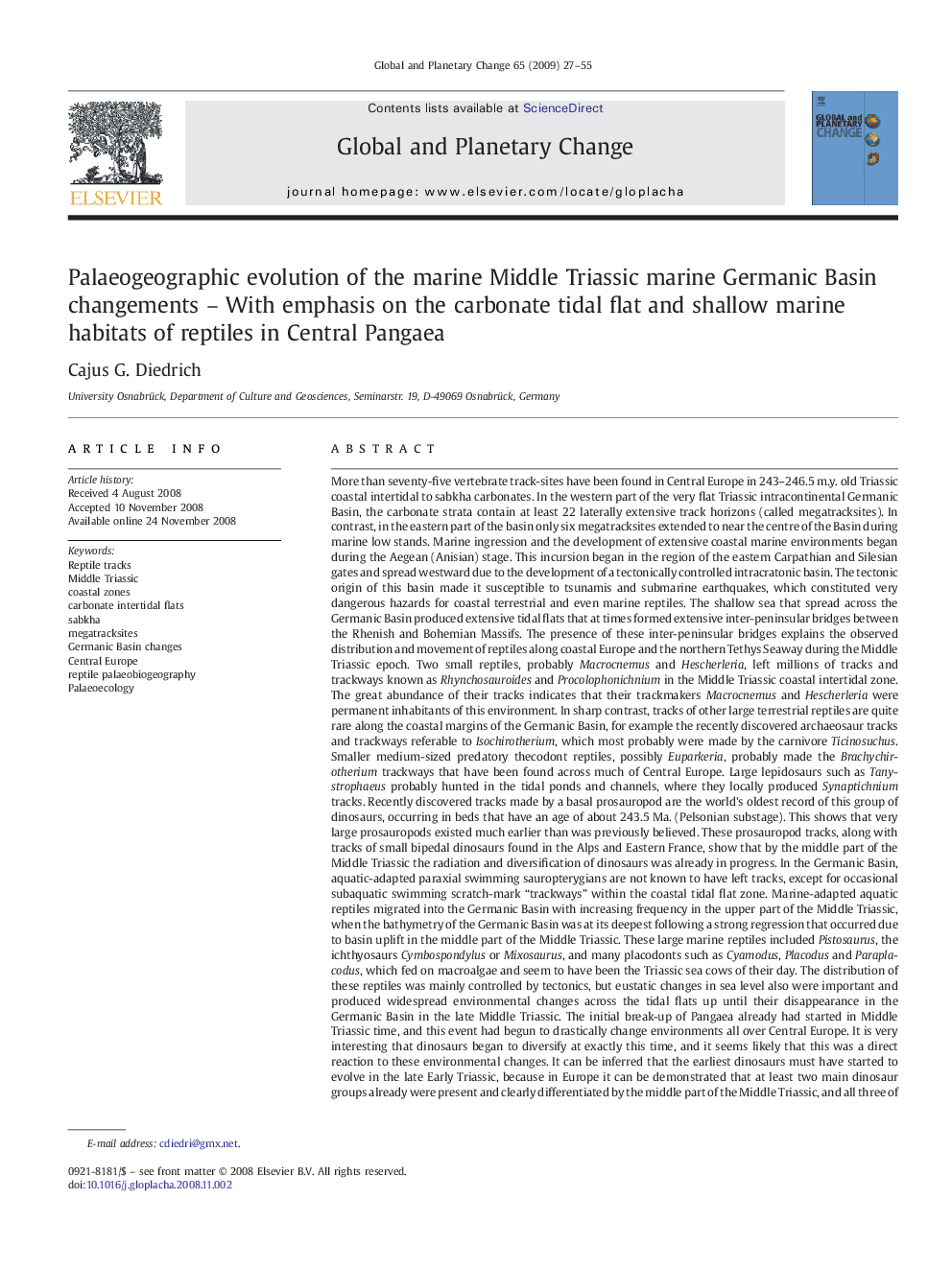 Palaeogeographic evolution of the marine Middle Triassic marine Germanic Basin changements – With emphasis on the carbonate tidal flat and shallow marine habitats of reptiles in Central Pangaea