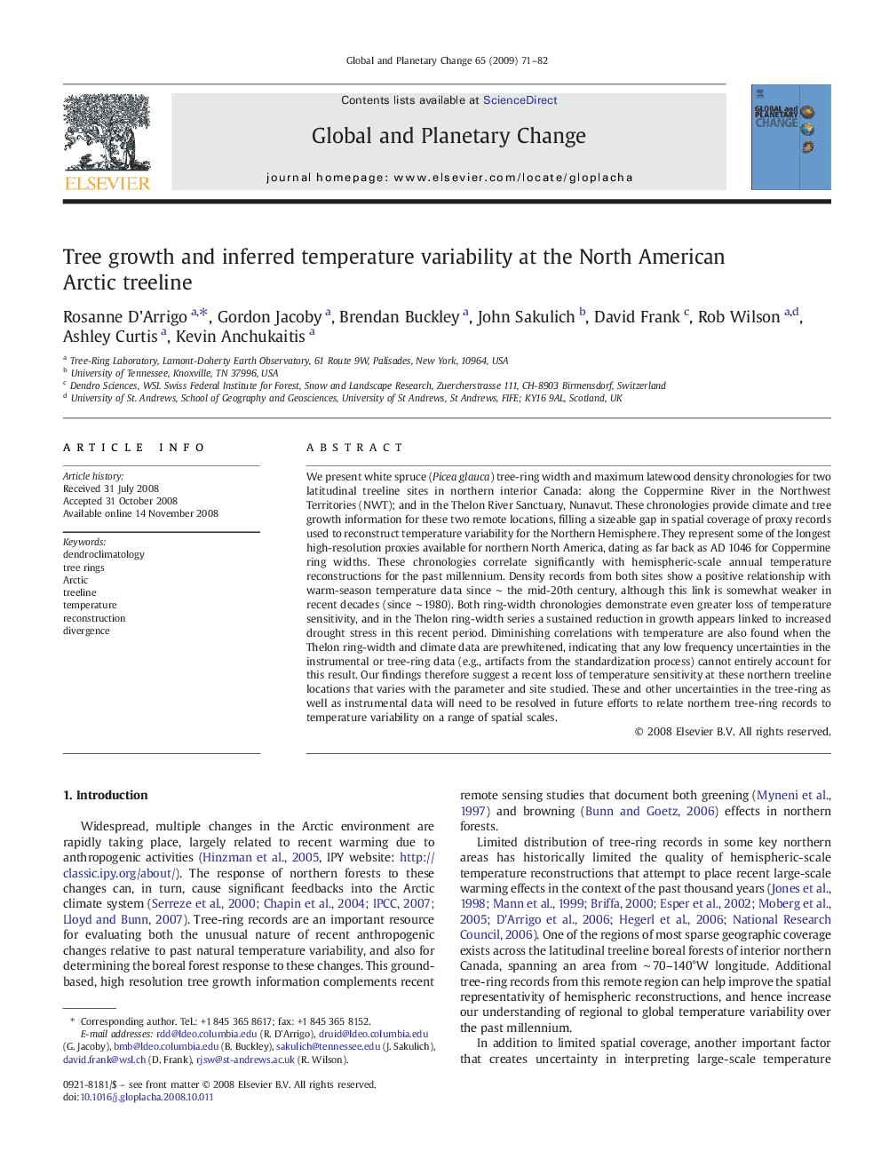 Tree growth and inferred temperature variability at the North American Arctic treeline