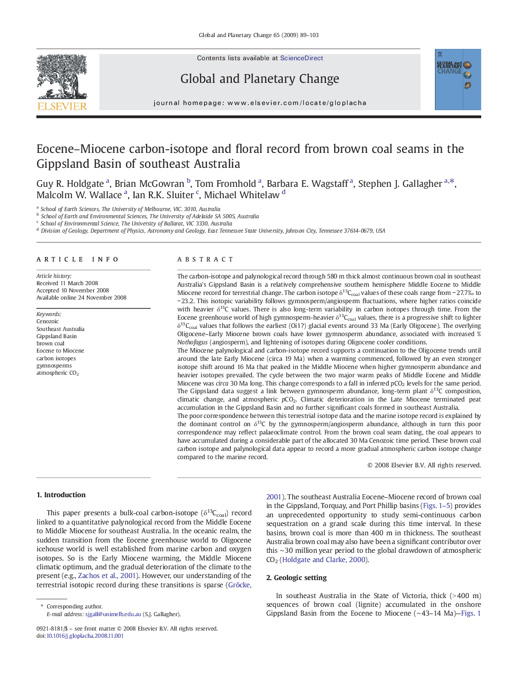 Eocene–Miocene carbon-isotope and floral record from brown coal seams in the Gippsland Basin of southeast Australia