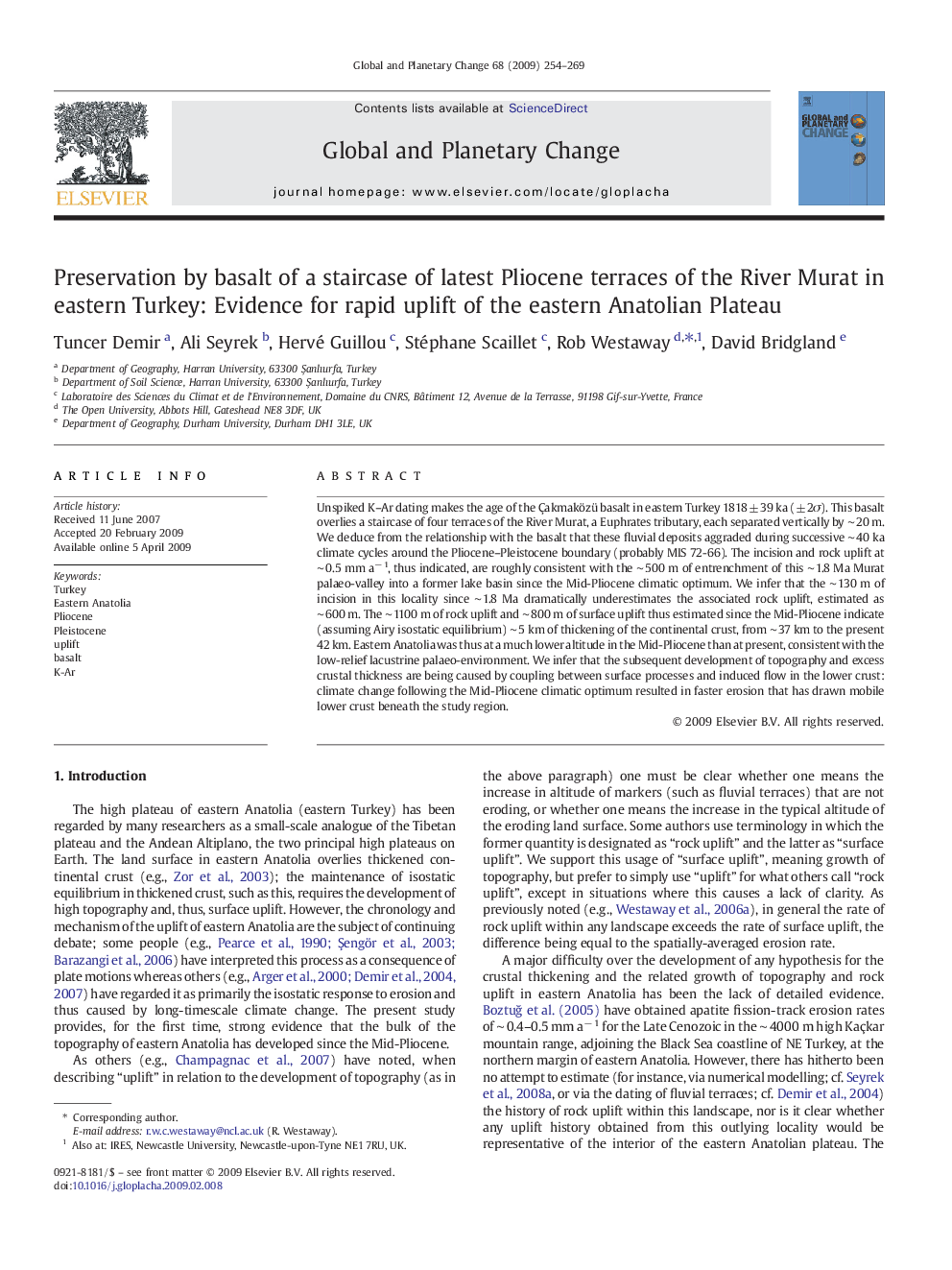 Preservation by basalt of a staircase of latest Pliocene terraces of the River Murat in eastern Turkey: Evidence for rapid uplift of the eastern Anatolian Plateau