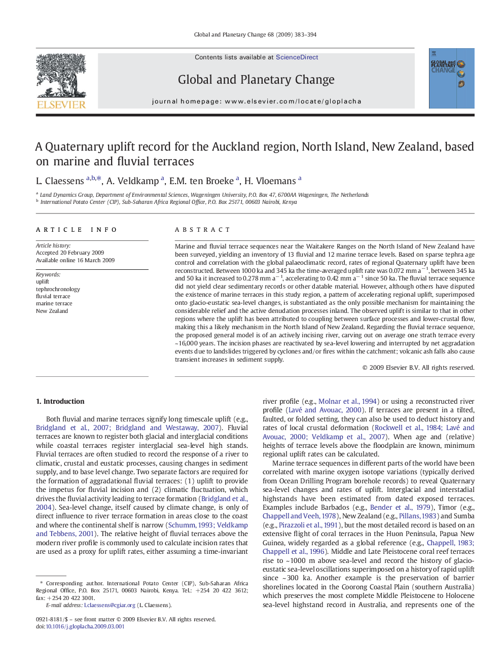 A Quaternary uplift record for the Auckland region, North Island, New Zealand, based on marine and fluvial terraces