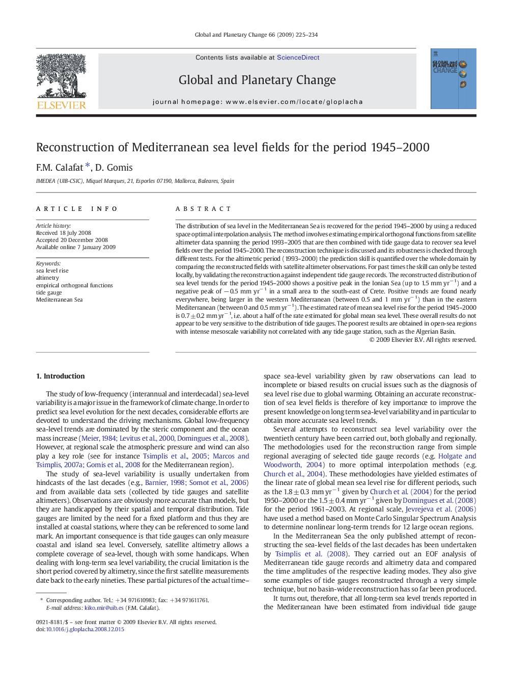 Reconstruction of Mediterranean sea level fields for the period 1945–2000