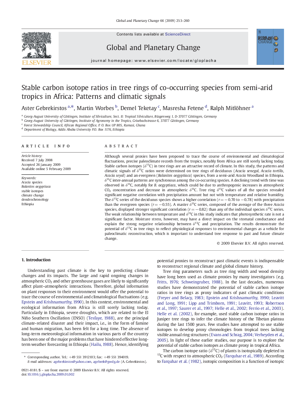 Stable carbon isotope ratios in tree rings of co-occurring species from semi-arid tropics in Africa: Patterns and climatic signals