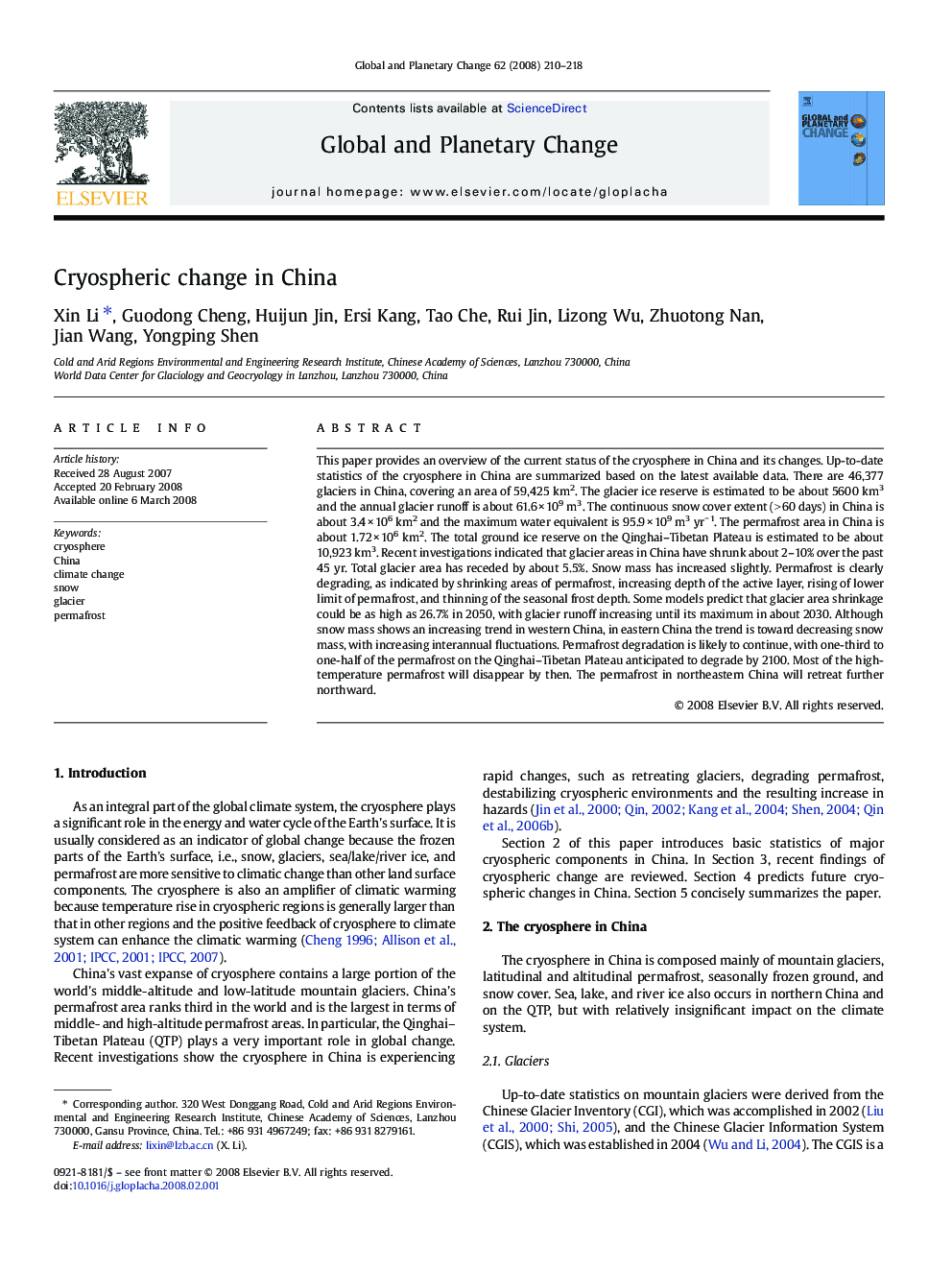 Cryospheric change in China