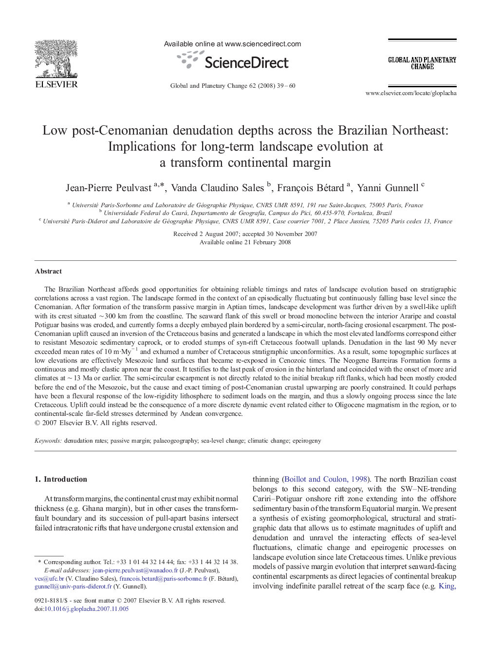 Low post-Cenomanian denudation depths across the Brazilian Northeast: Implications for long-term landscape evolution at a transform continental margin