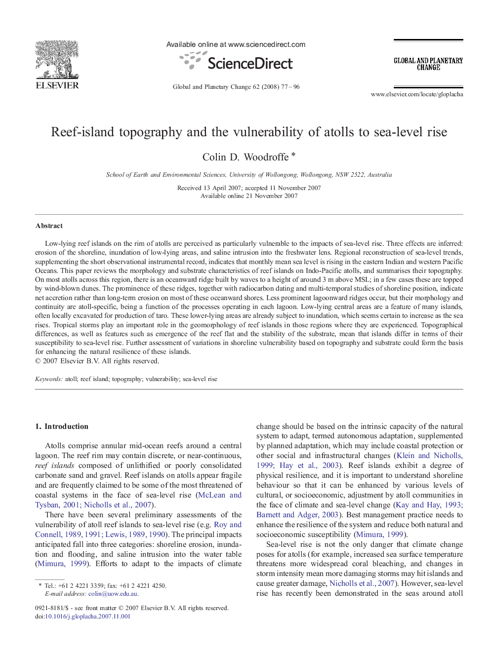 Reef-island topography and the vulnerability of atolls to sea-level rise