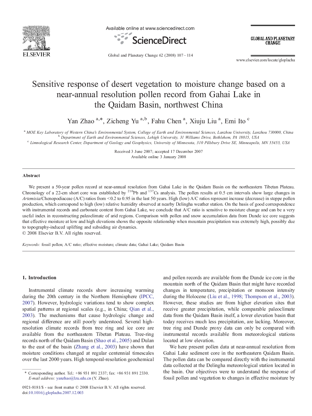 Sensitive response of desert vegetation to moisture change based on a near-annual resolution pollen record from Gahai Lake in the Qaidam Basin, northwest China