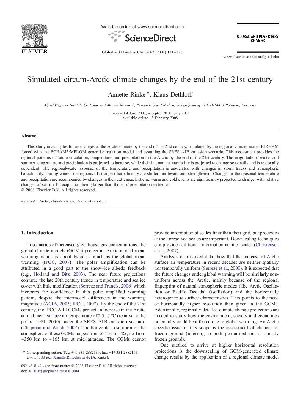 Simulated circum-Arctic climate changes by the end of the 21st century