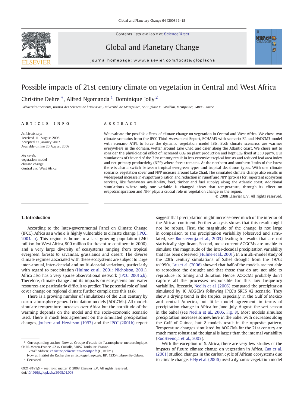 عکس صفحه اول مقاله: Possible impacts of 21st century climate on vegetation in Central and West Africa Possible impacts of 21st century climate on vegetation in Central and West Africa