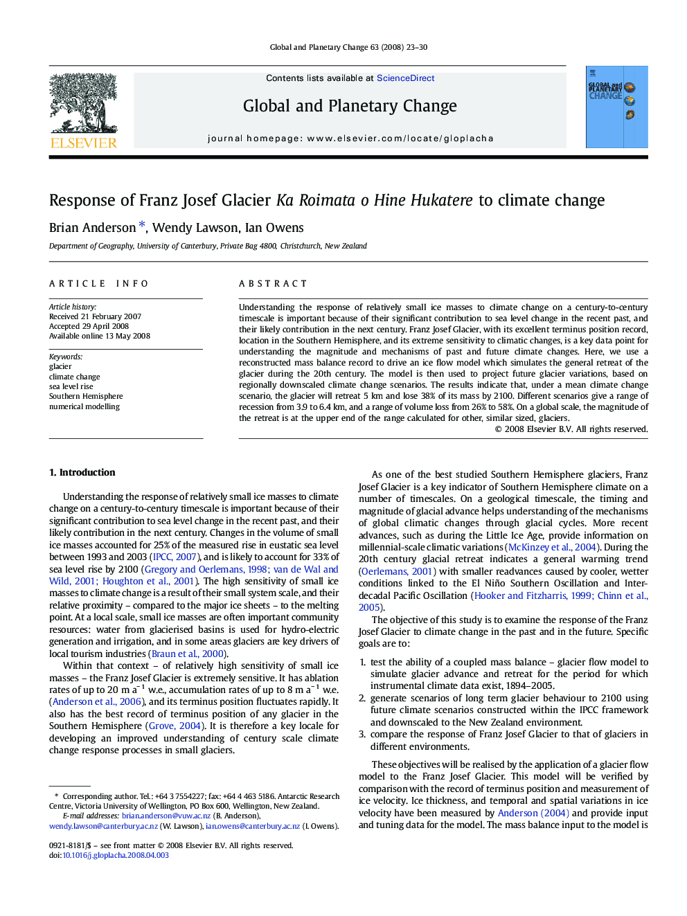 Response of Franz Josef Glacier Ka Roimata o Hine Hukatere to climate change