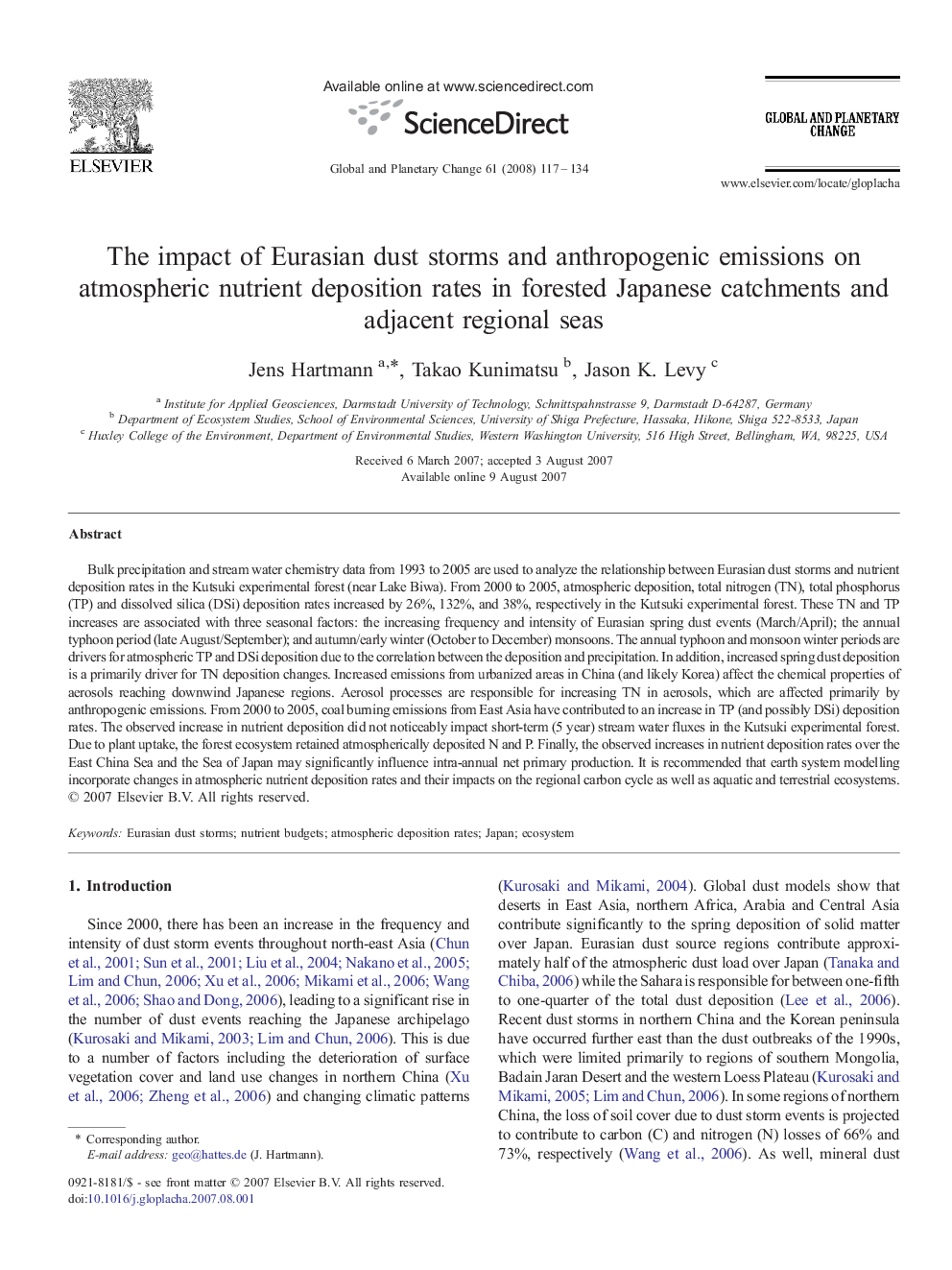 The impact of Eurasian dust storms and anthropogenic emissions on atmospheric nutrient deposition rates in forested Japanese catchments and adjacent regional seas