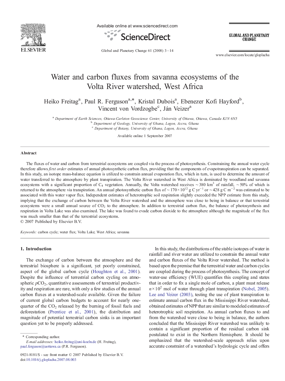 Water and carbon fluxes from savanna ecosystems of the Volta River watershed, West Africa