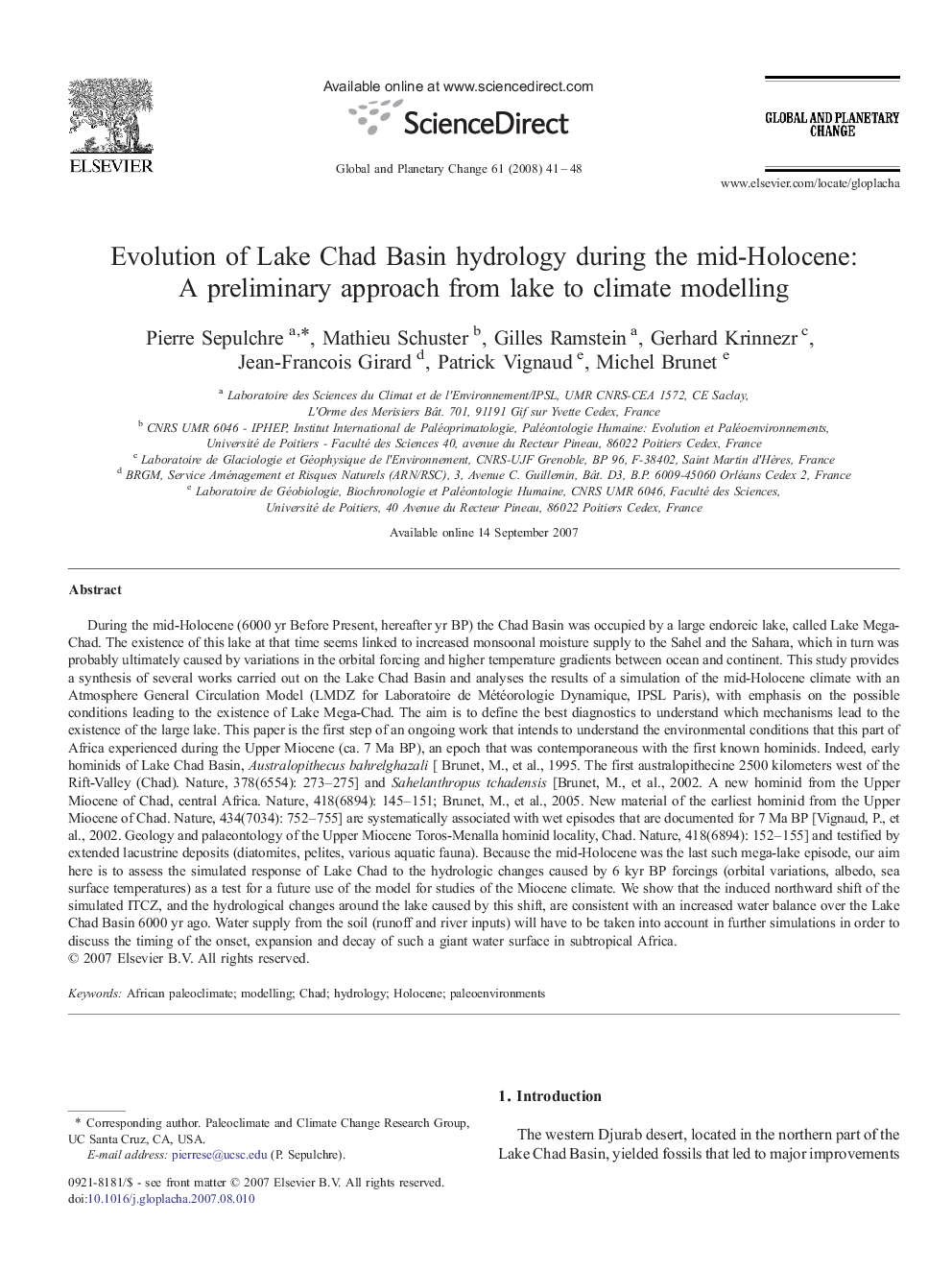 Evolution of Lake Chad Basin hydrology during the mid-Holocene: A preliminary approach from lake to climate modelling