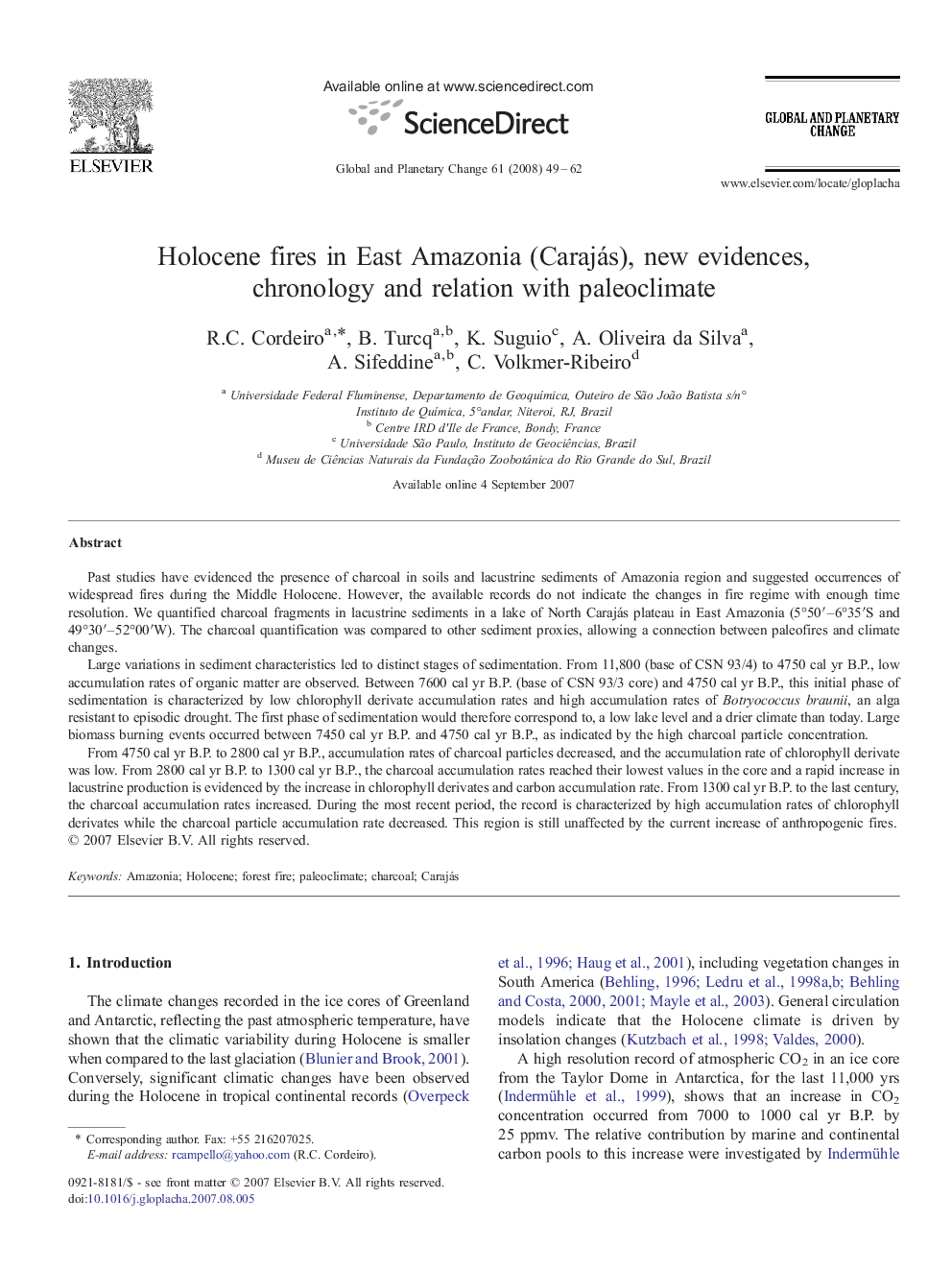 Holocene fires in East Amazonia (Carajás), new evidences, chronology and relation with paleoclimate