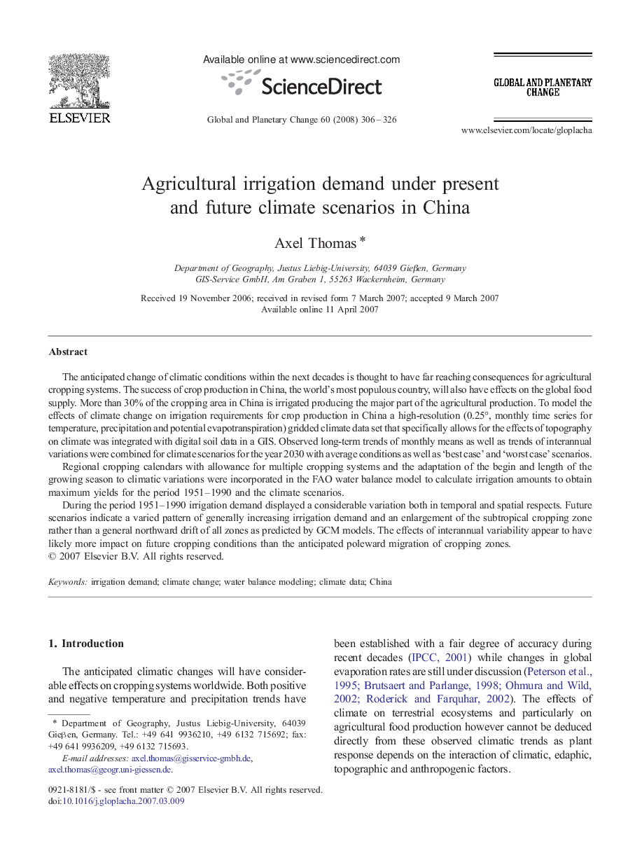 Agricultural irrigation demand under present and future climate scenarios in China