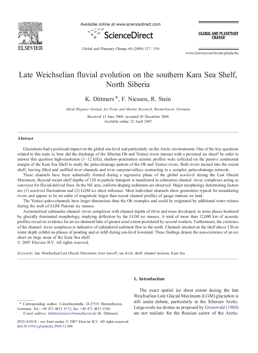 عکس صفحه اول مقاله: Late Weichselian fluvial evolution on the southern Kara Sea Shelf, North Siberia Late Weichselian fluvial evolution on the southern Kara Sea Shelf, North Siberia
