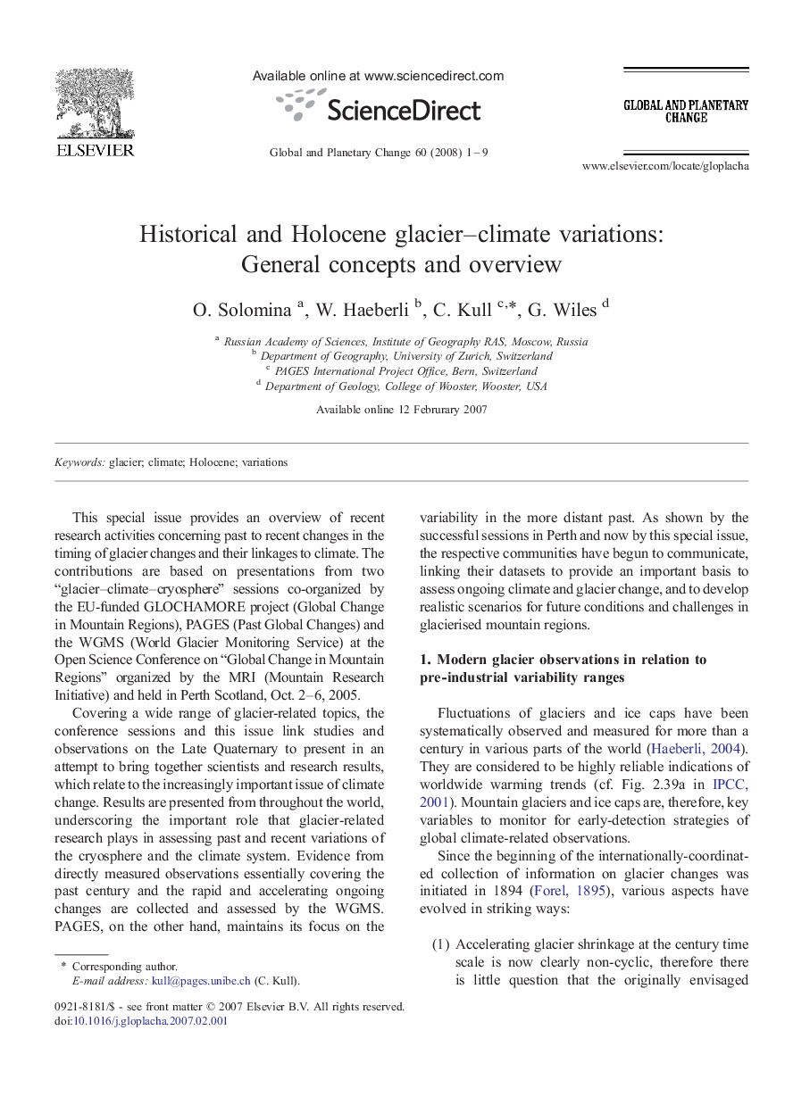 Historical and Holocene glacier-climate variations: General concepts and overview