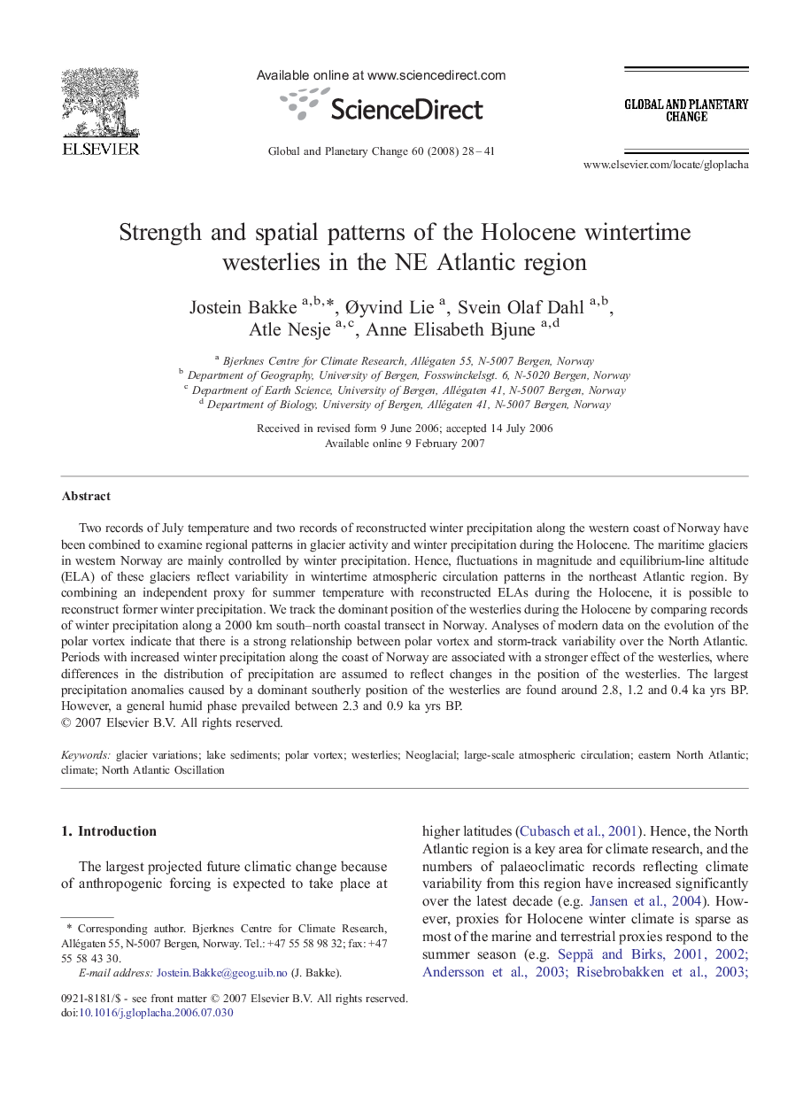 Strength and spatial patterns of the Holocene wintertime westerlies in the NE Atlantic region