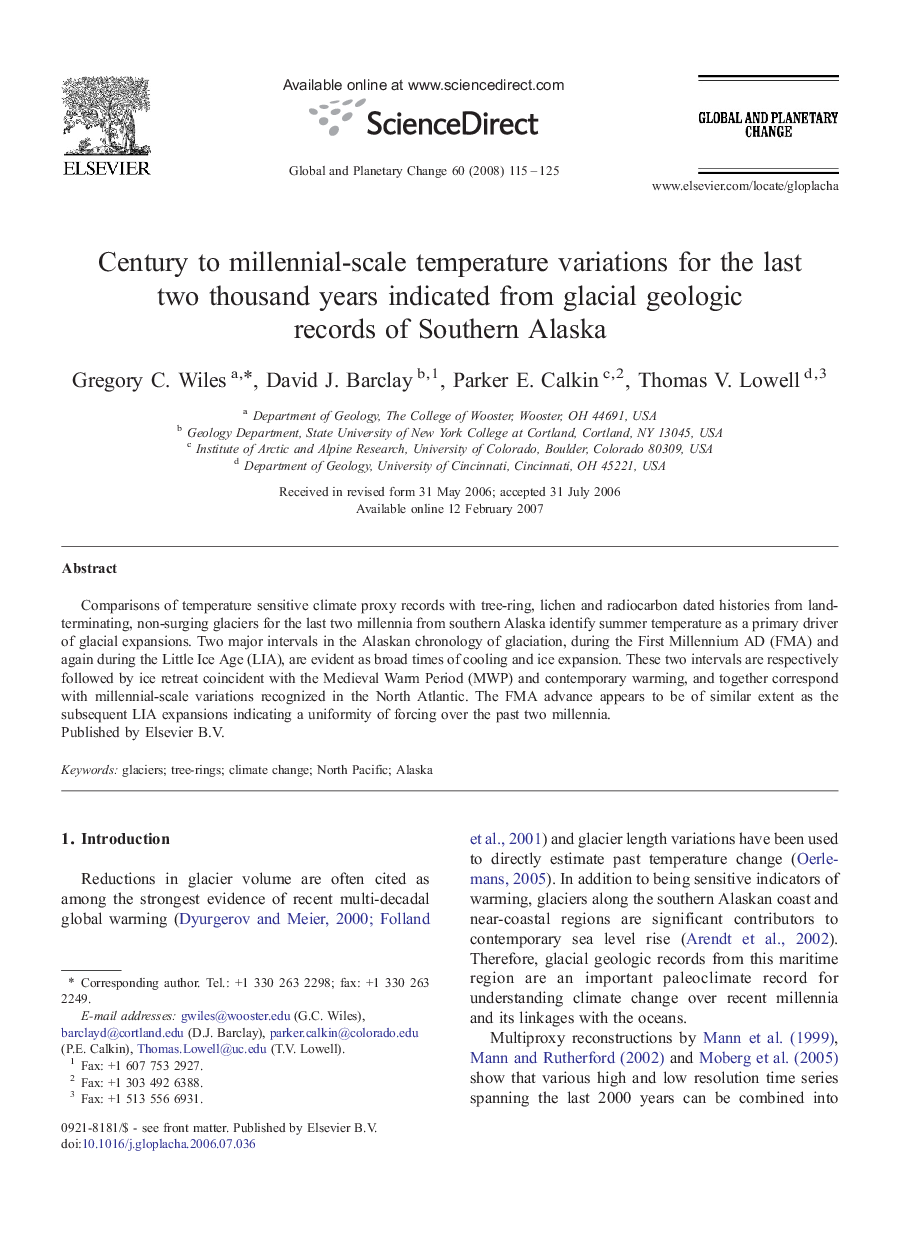 Century to millennial-scale temperature variations for the last two thousand years indicated from glacial geologic records of Southern Alaska