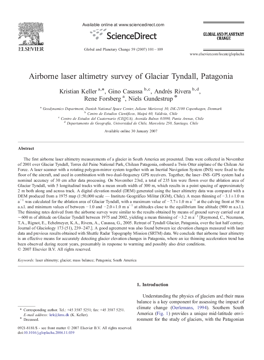 Airborne laser altimetry survey of Glaciar Tyndall, Patagonia