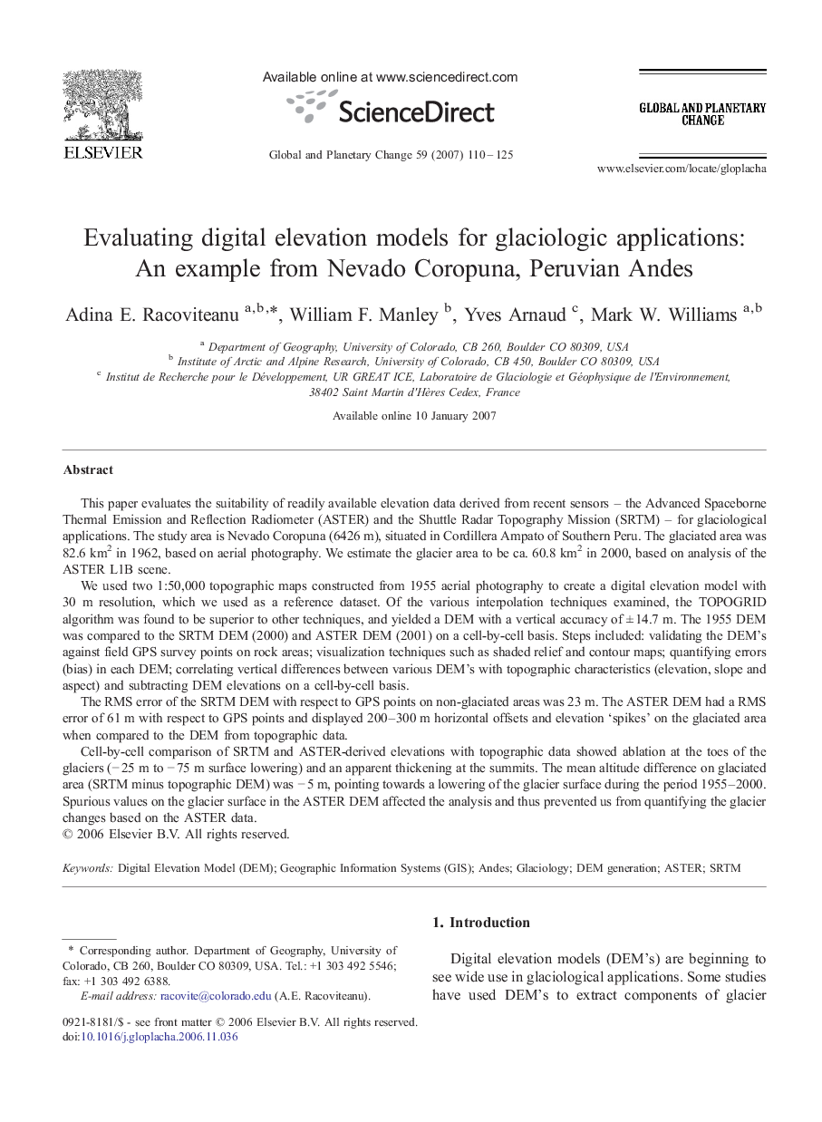 Evaluating digital elevation models for glaciologic applications: An example from Nevado Coropuna, Peruvian Andes