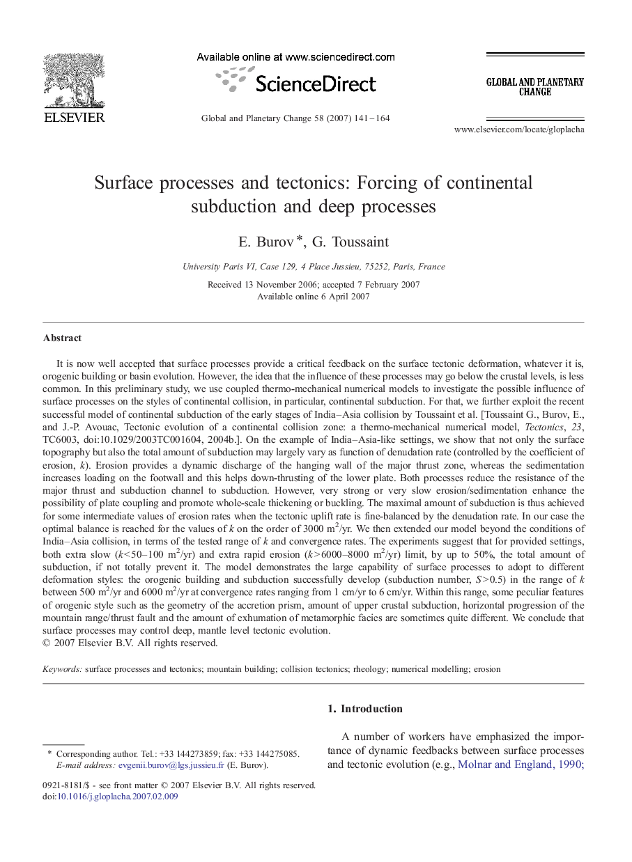 Surface processes and tectonics: Forcing of continental subduction and deep processes