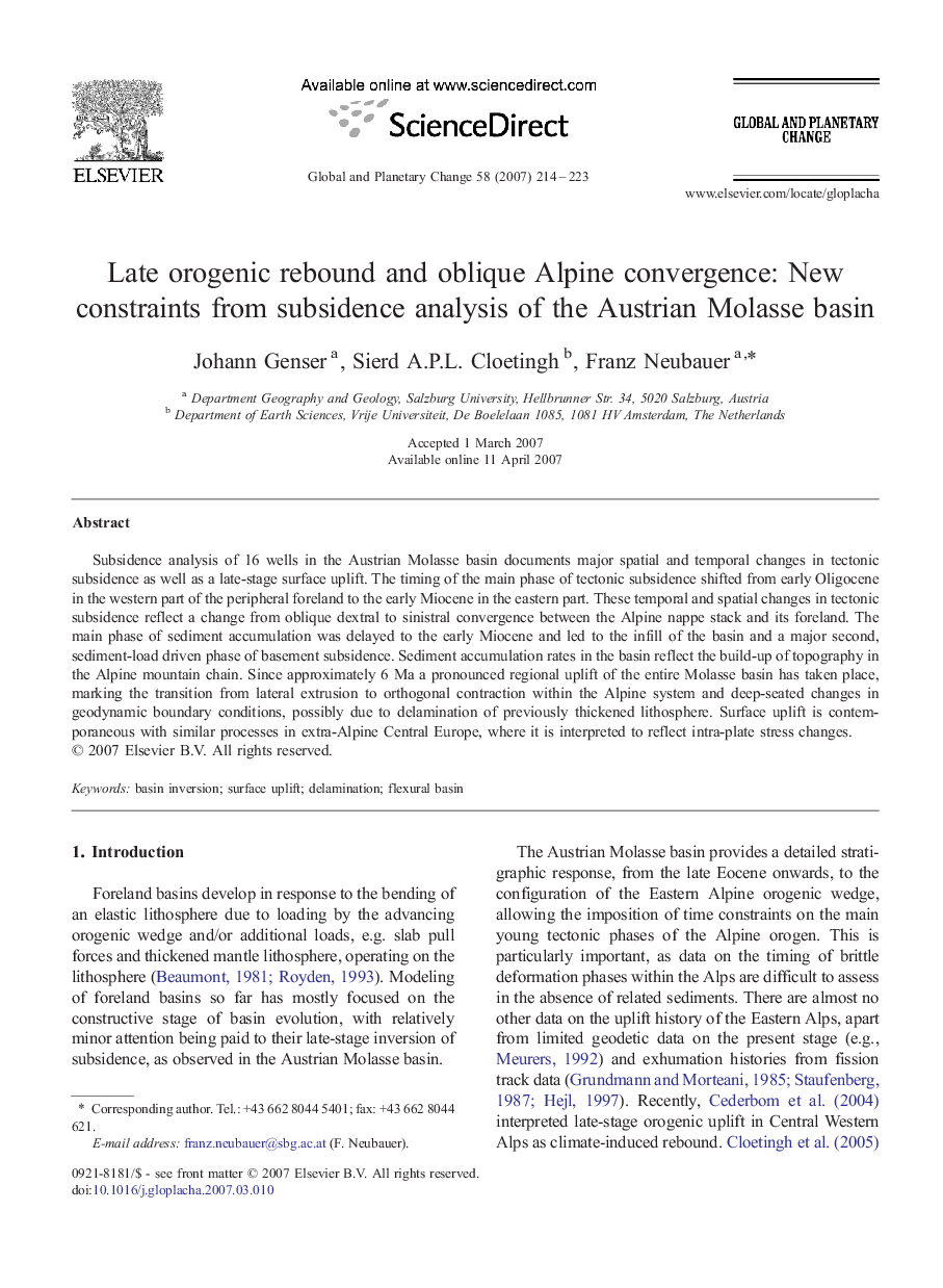 Late orogenic rebound and oblique Alpine convergence: New constraints from subsidence analysis of the Austrian Molasse basin