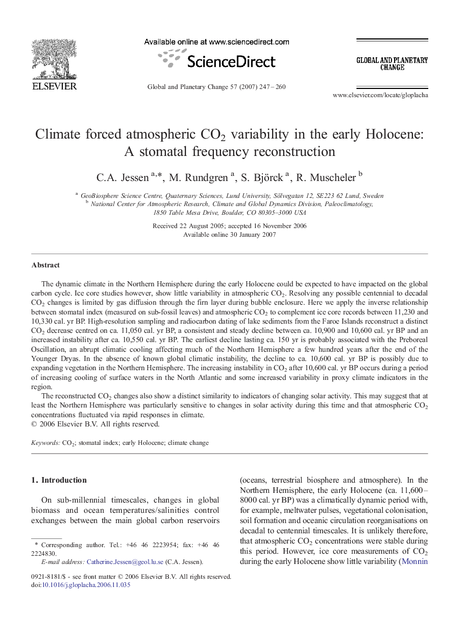 Climate forced atmospheric CO2 variability in the early Holocene: A stomatal frequency reconstruction