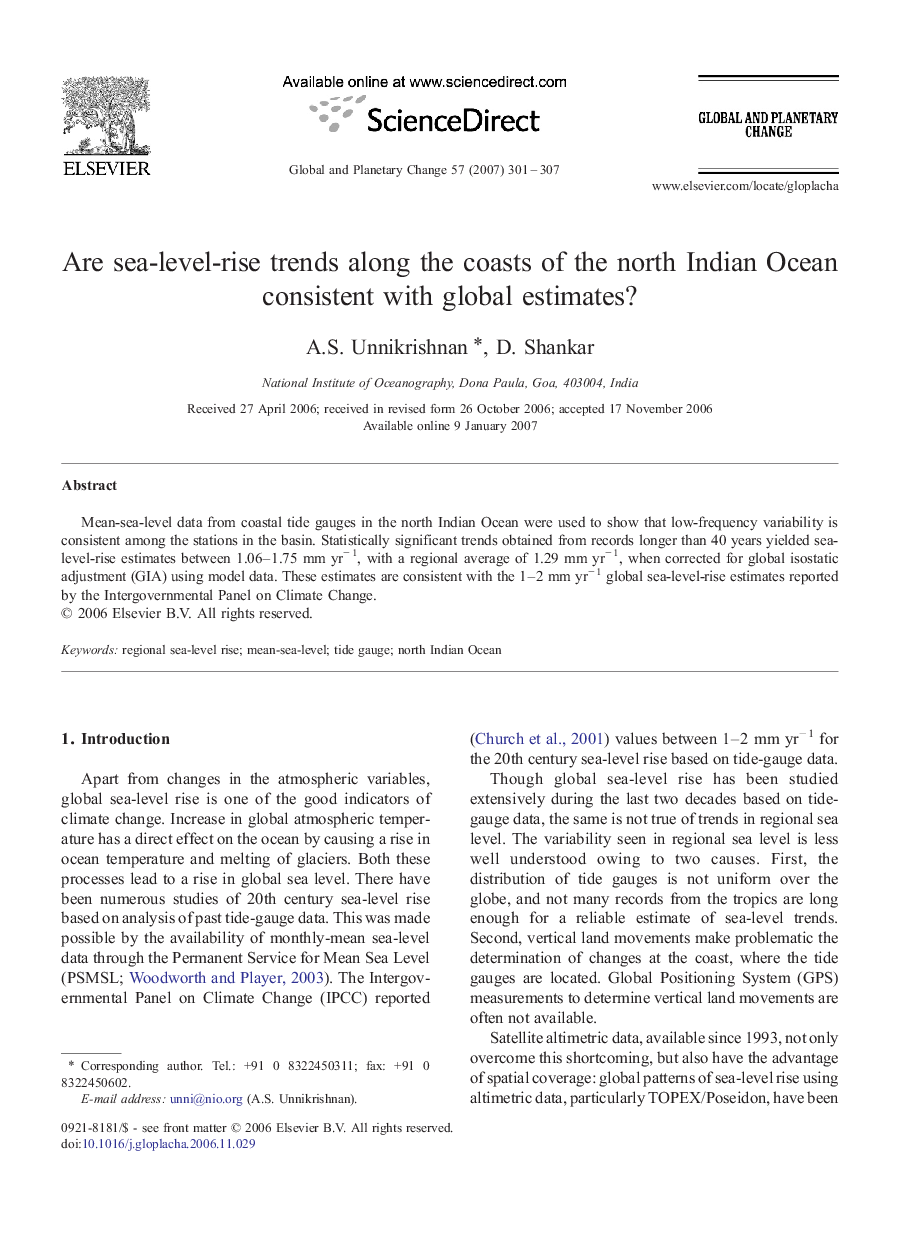 Are sea-level-rise trends along the coasts of the north Indian Ocean consistent with global estimates?