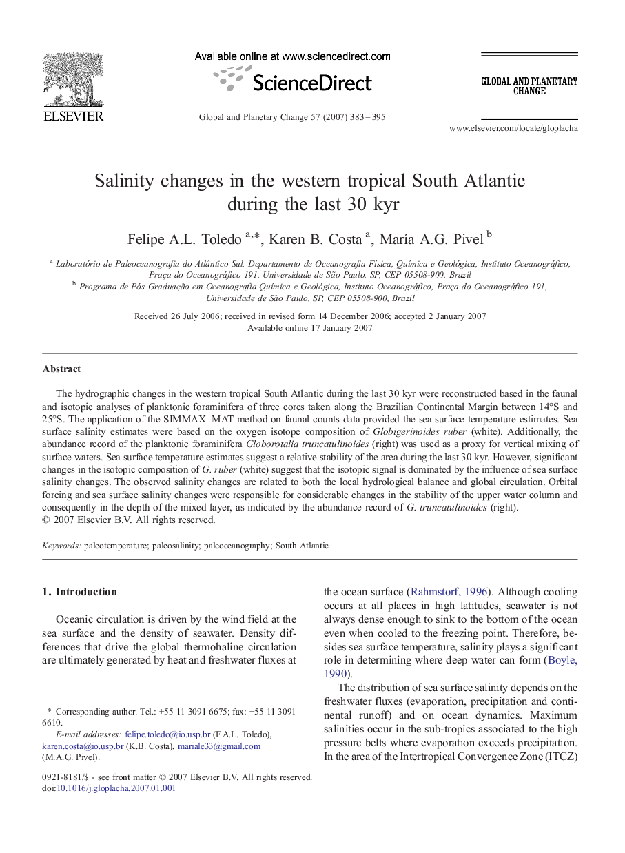 Salinity changes in the western tropical South Atlantic during the last 30 kyr