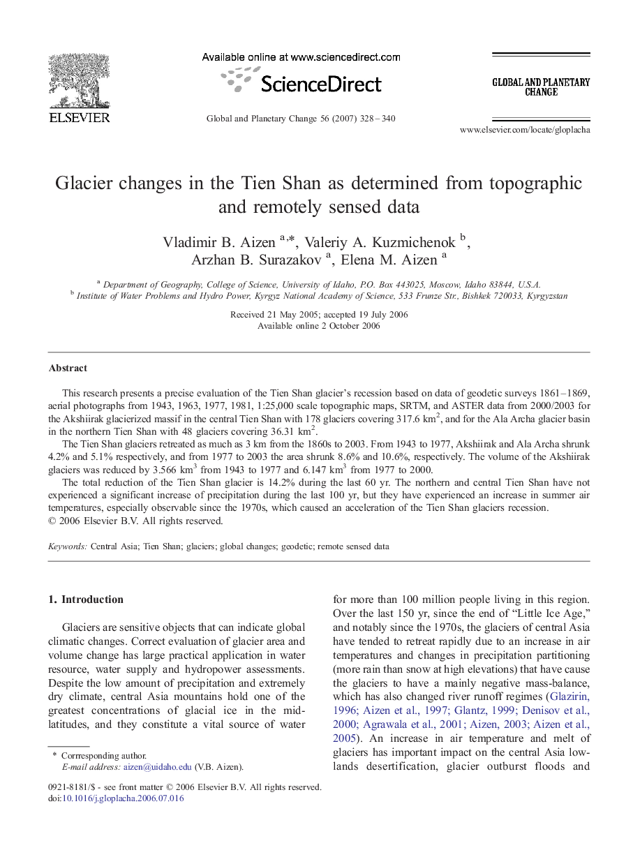 Glacier changes in the Tien Shan as determined from topographic and remotely sensed data