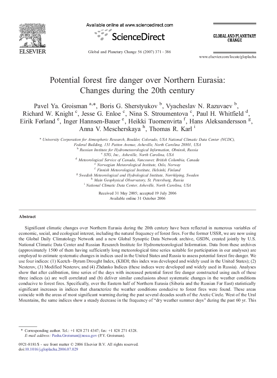 Potential forest fire danger over Northern Eurasia: Changes during the 20th century