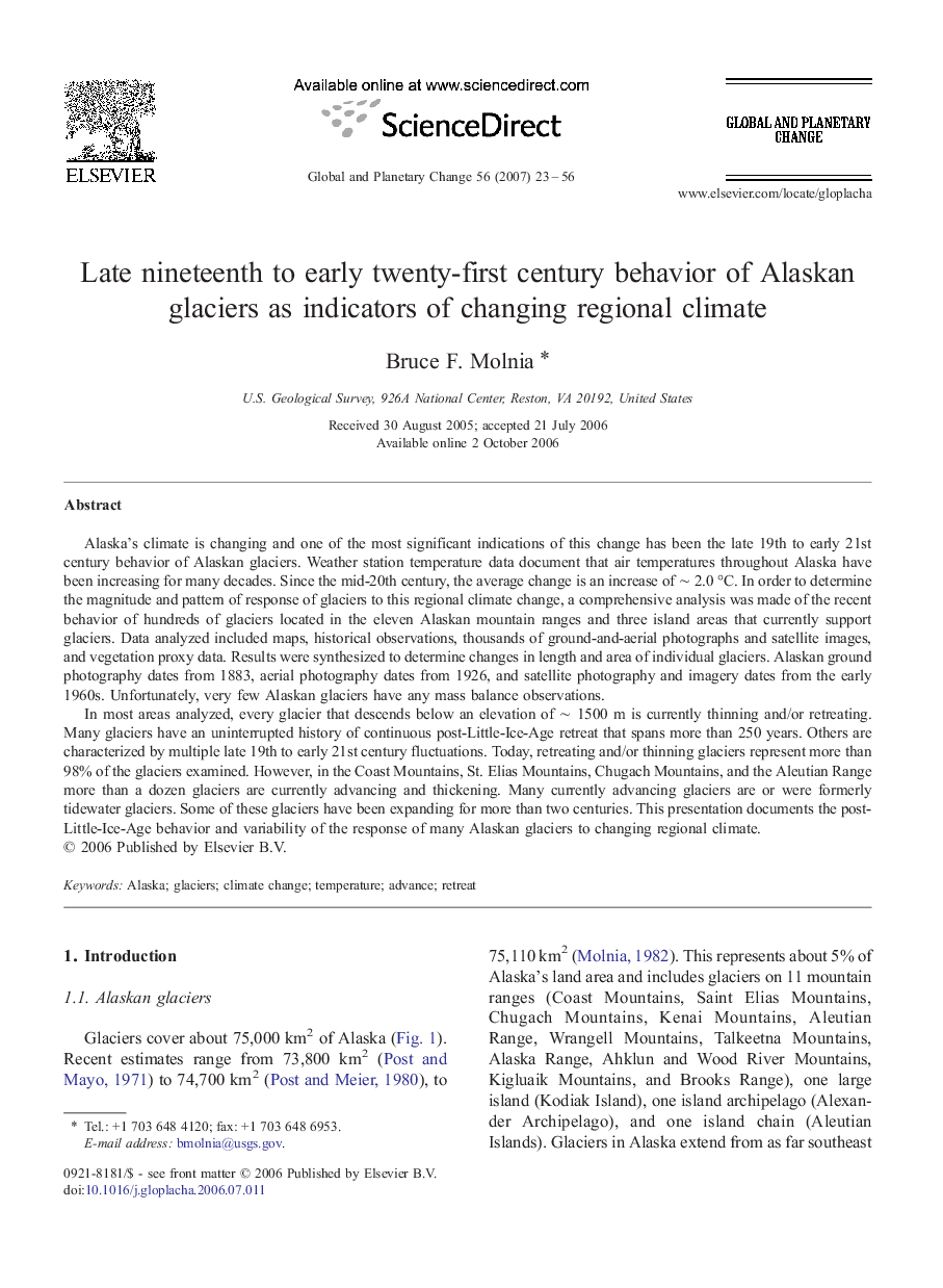 Late nineteenth to early twenty-first century behavior of Alaskan glaciers as indicators of changing regional climate