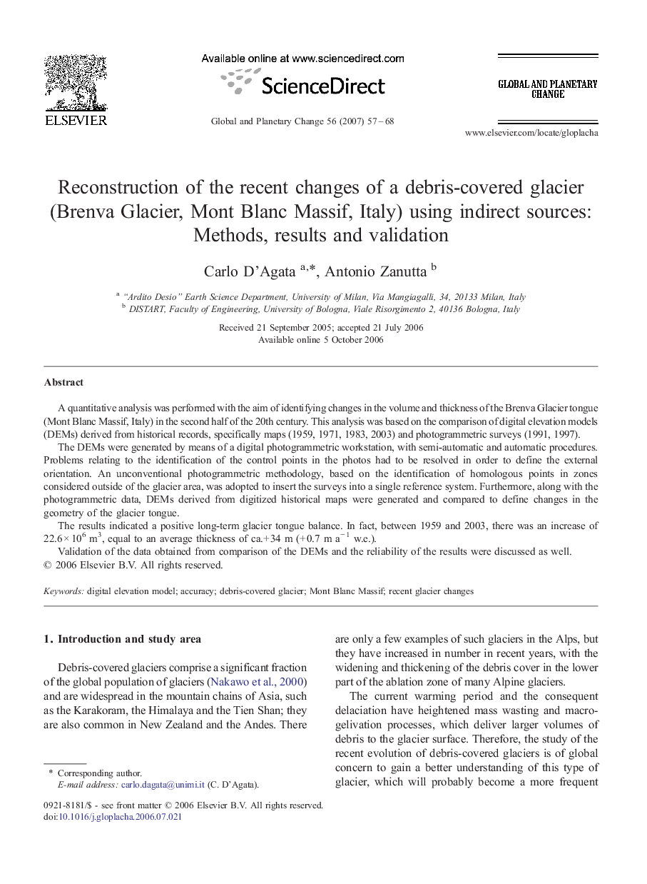 Reconstruction of the recent changes of a debris-covered glacier (Brenva Glacier, Mont Blanc Massif, Italy) using indirect sources: Methods, results and validation