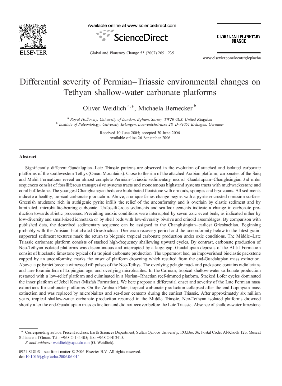 Differential severity of Permian–Triassic environmental changes on Tethyan shallow-water carbonate platforms