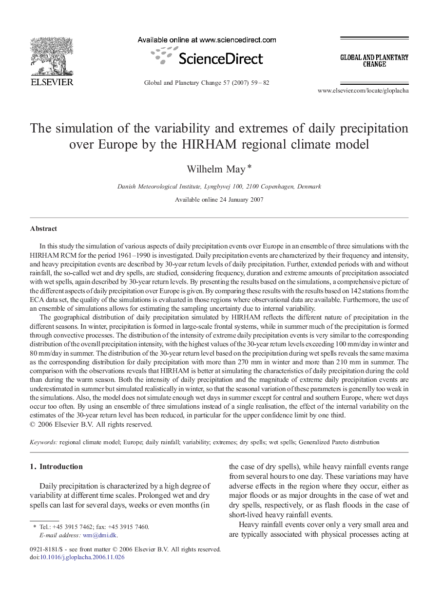 The simulation of the variability and extremes of daily precipitation over Europe by the HIRHAM regional climate model