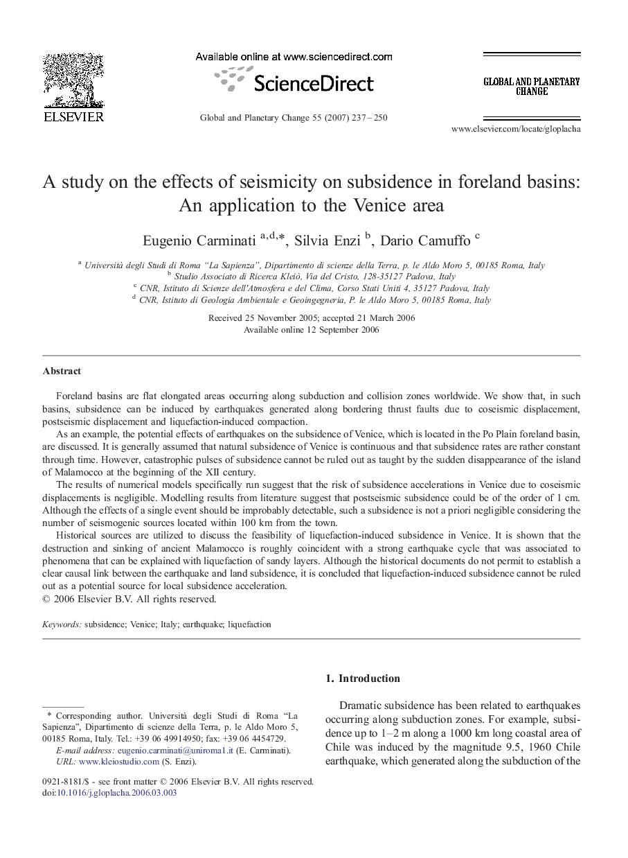 A study on the effects of seismicity on subsidence in foreland basins: An application to the Venice area