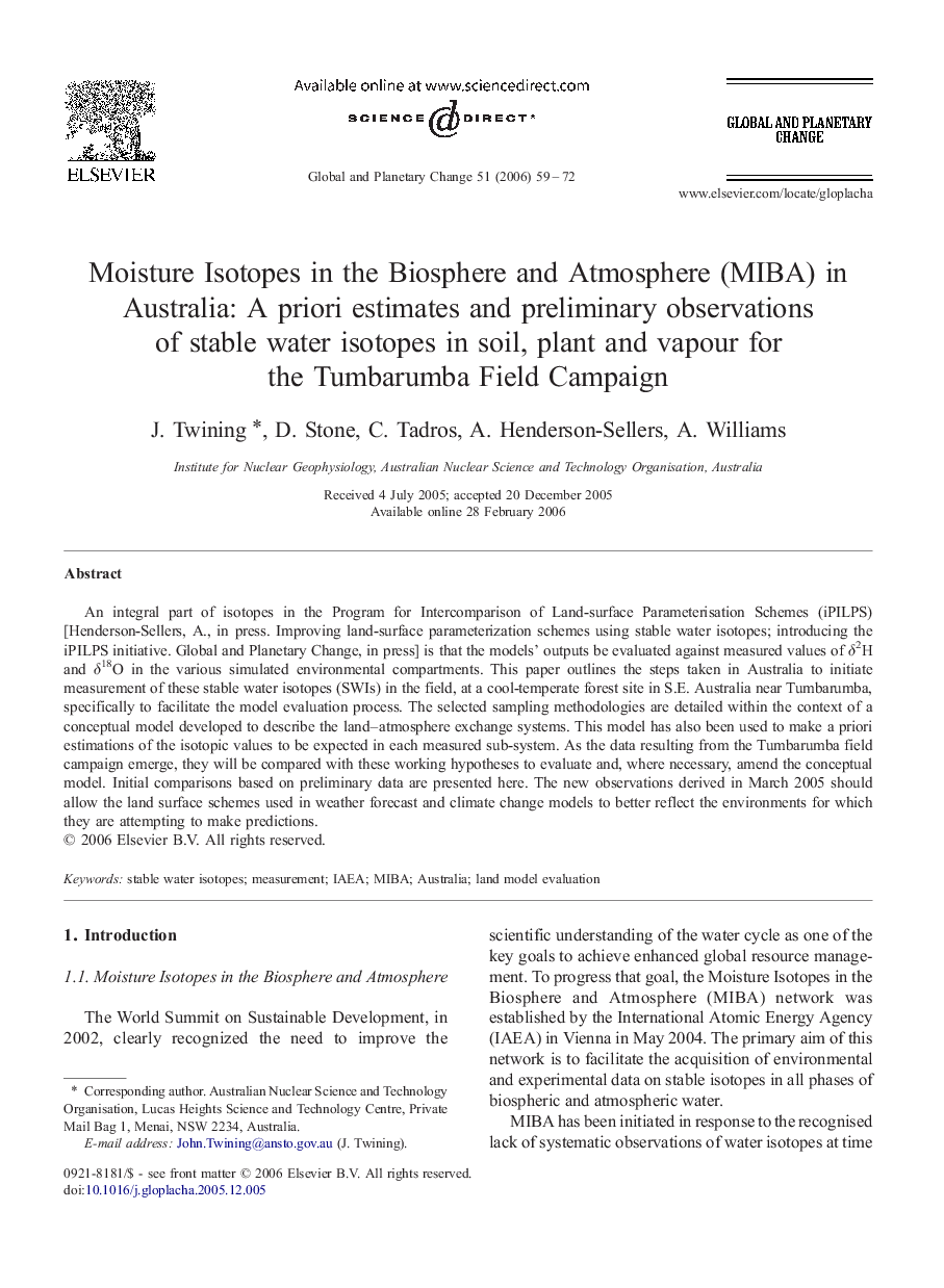 Moisture Isotopes in the Biosphere and Atmosphere (MIBA) in Australia: A priori estimates and preliminary observations of stable water isotopes in soil, plant and vapour for the Tumbarumba Field Campaign