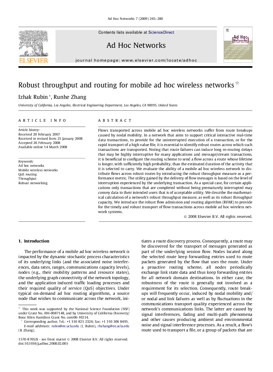 Robust throughput and routing for mobile ad hoc wireless networks 