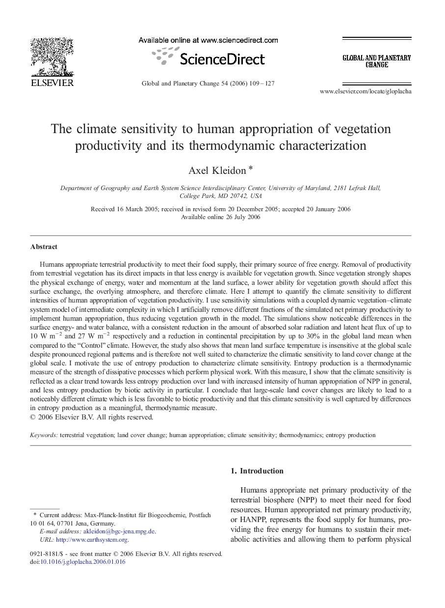 The climate sensitivity to human appropriation of vegetation productivity and its thermodynamic characterization