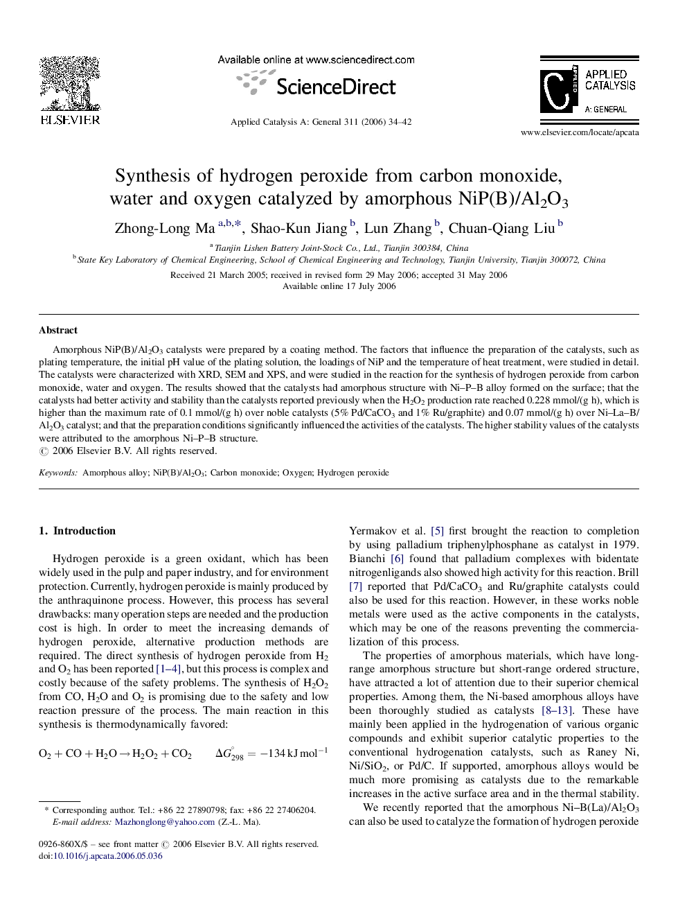 Synthesis of hydrogen peroxide from carbon monoxide, water and oxygen catalyzed by amorphous NiP(B)/Al2O3